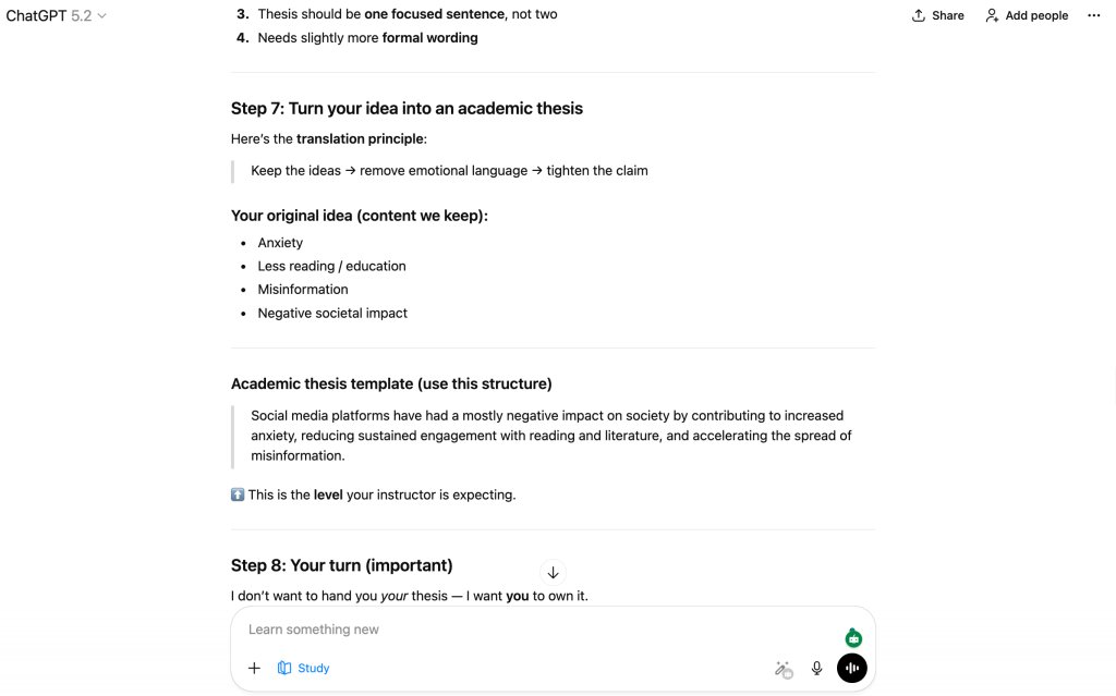 A ChatGPT screenshot explaining formulating an academic thesis