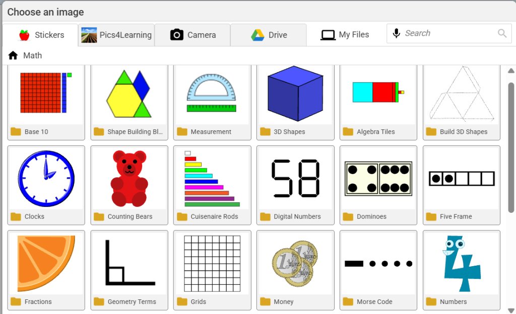 A screenshot of Wixie's image library