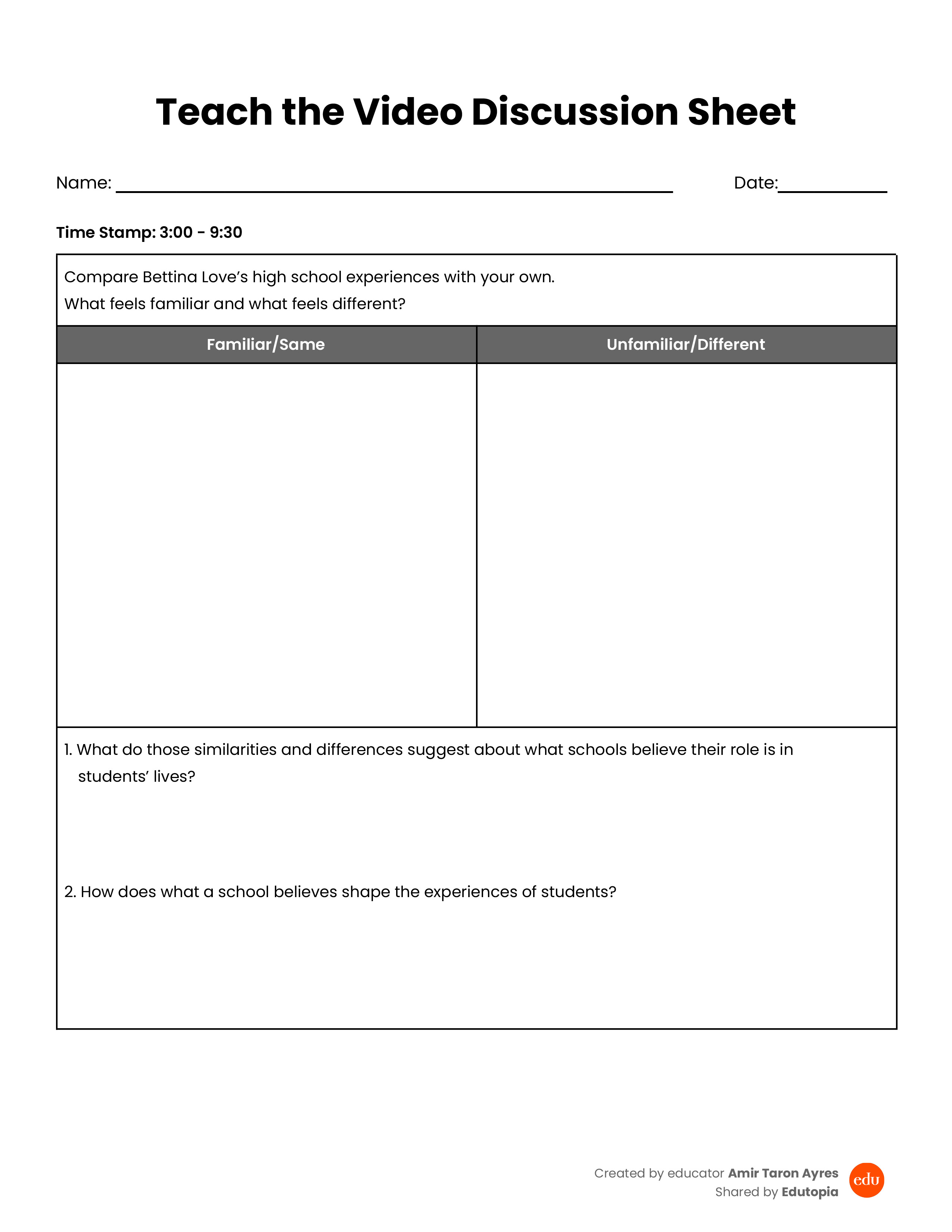 The download preview for the Teach the Video Discussion Sheet
