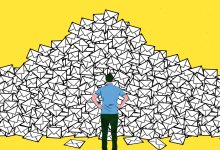 Illustration of person facing a mountain of email icons