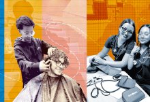 A collage of students practicing different vocations