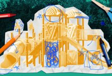 A collage demonstrating how craft supplies can be used to plan modifications to a playground