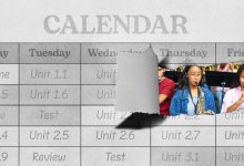 A rip in an organized calendar revealing students in extracurricular activities