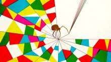 An illustration of a spider holding the threads to a colorful web