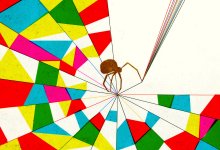 An illustration of a spider holding the threads to a colorful web
