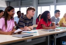 High school students listening to teacher with laptops closed, representing limiting edtech in the classroom