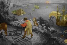 An image highlighting the elements in Pieter Bruegel's "Landscape with the Fall of Icarus" that point to the greek myth tale of Icarus.