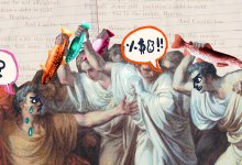 collage of Julius Caesar painting featuring fish weaponry and elementary imagery