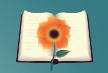 An illustration of a flower laid on top of a poetry notebook