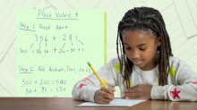 Collage of elementary student working on math with a strategy card