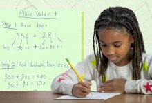 Collage of elementary student working on math with a strategy card