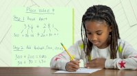 Collage of elementary student working on math with a strategy card