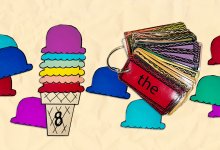 A photo showing ice cream imagery and buzzword flashcards