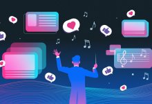 Illustration of a music conductor creating social media posts for music class