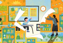 illustration depicting a classroom of children with a teacher stripping away unnecessary clutter