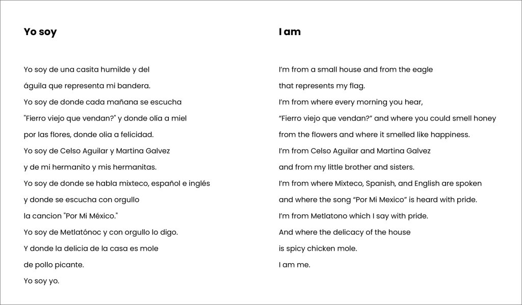 Student example of translated Yo soy/I am poem