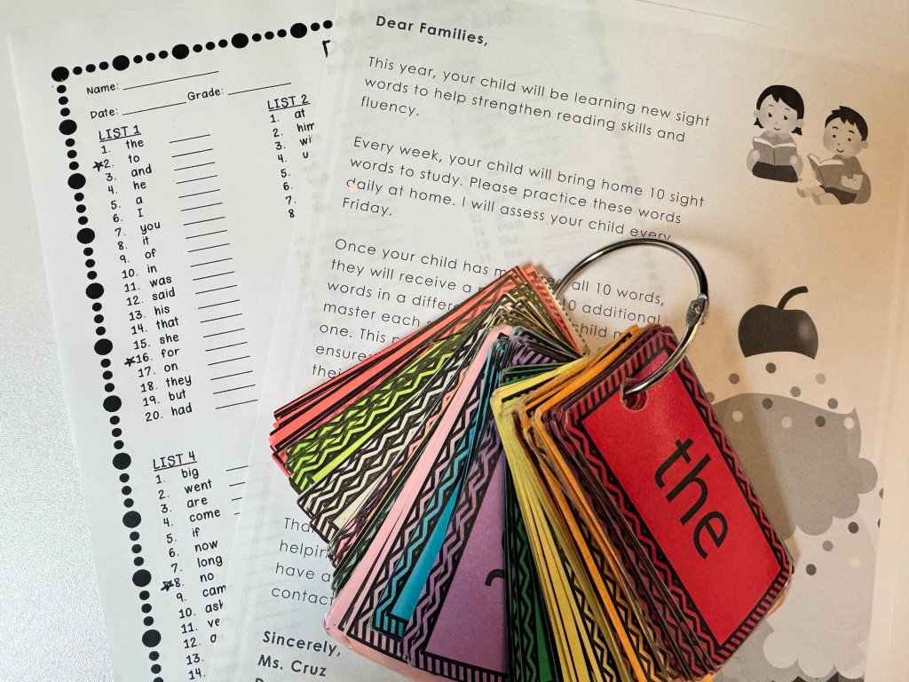A photo of example worksheets and flaschards