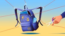 A backpack, with strings pulling in different directions to represent students' divided attention
