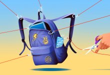 A backpack, with strings pulling in different directions to represent students' divided attention