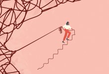 Illustration of person creating steps out of messy string