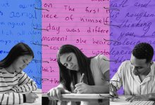 An illustration of the writing of three students being stitched together