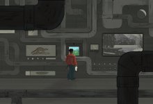 illustration of a student in a dark, screen-filled room looking out a very small window.