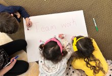 Elementary students working on community cube project