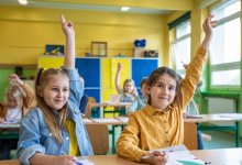 Elementary students using hand signals in class