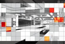 An image of portions of a school hallway modified to have varying states of visibility