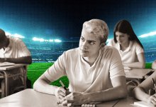 High school students writing with imagery of a football stadium