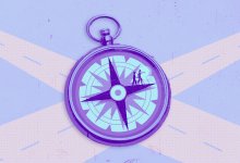 Illustration of a compass over crossroads