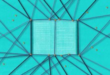 Threads linking together at multiple connection points to form an image of a book