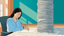 illustration of a teacher working late hours grading a massive stack of paper.