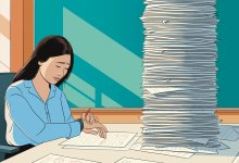 illustration of a teacher working late hours grading a massive stack of paper.
