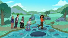 illustration of children crossing a stream, following their teacher.