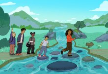 illustration of children crossing a stream, following their teacher.