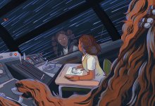illustration of a student in the Millennium Falcon drawing a Star Wars character who is reflected back at her in the window of the spaceship