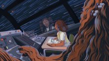 illustration of a student in the Millennium Falcon drawing a Star Wars character who is reflected back at her in the window of the spaceship