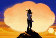 painting depicting young student physically engaging with her thought process