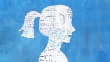 A silhouette of a student filled with writings on notebook paper