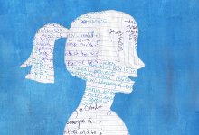 A silhouette of a student filled with writings on notebook paper