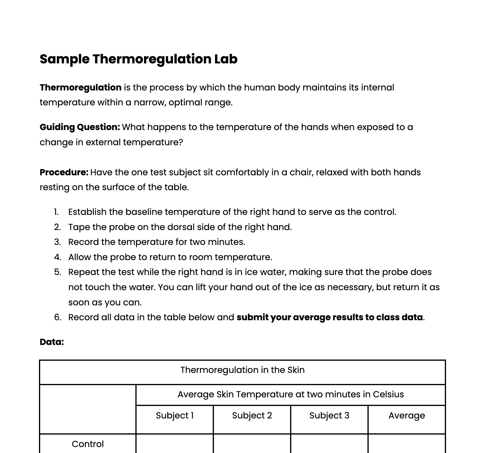 Sample thermoregulation lab.