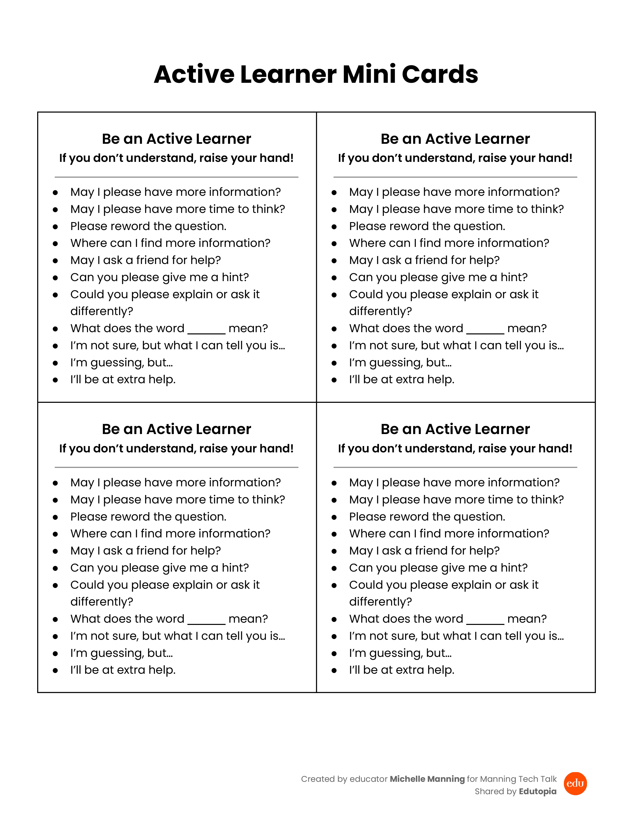 download preview for the Active Learner Mini Cards PDF