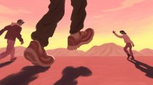 painting depicting three students confidently running towards a hill together