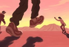 painting depicting three students confidently running towards a hill together