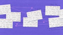 Small clusters of index cards with writing on them