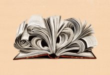 An illustration of an open book with pages that curve around each other in a confusing mass