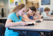 Elementary students reading books in class