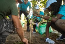 A group of high school students and an instructor planting a tree