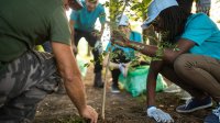 A group of high school students and an instructor planting a tree